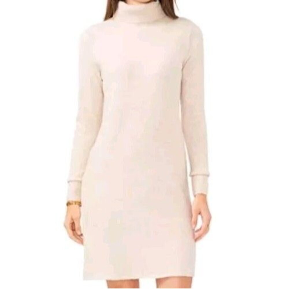 Vince Camuto Women L Turtleneck Sweater Dress Long Sleeve Heathered Beige NWT